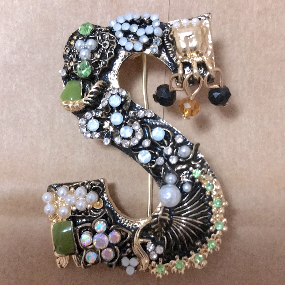 Muli-jeweled Brooch Letter “S” Pearls, Rhinestones, and Gemstones